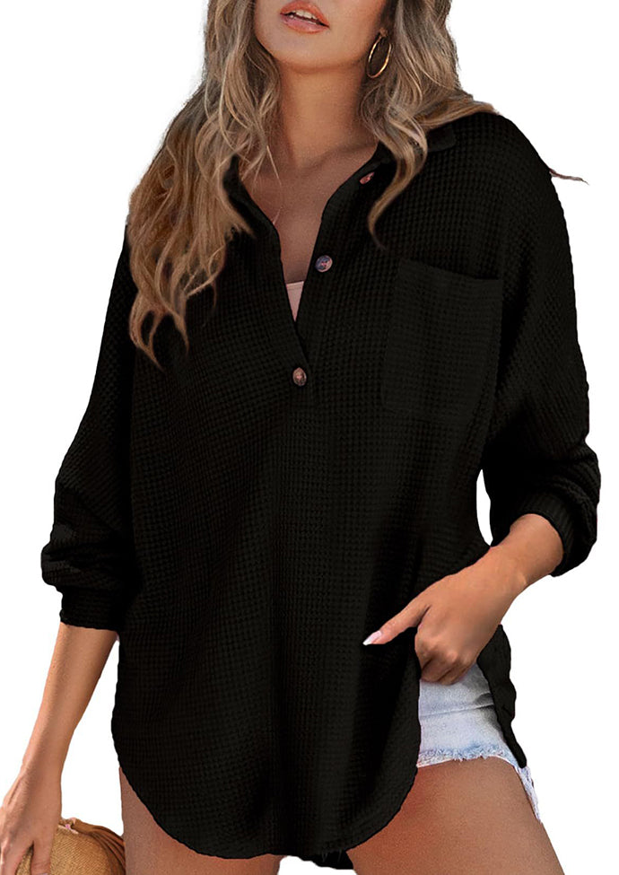 Waffle Knitted Button Up Blouse