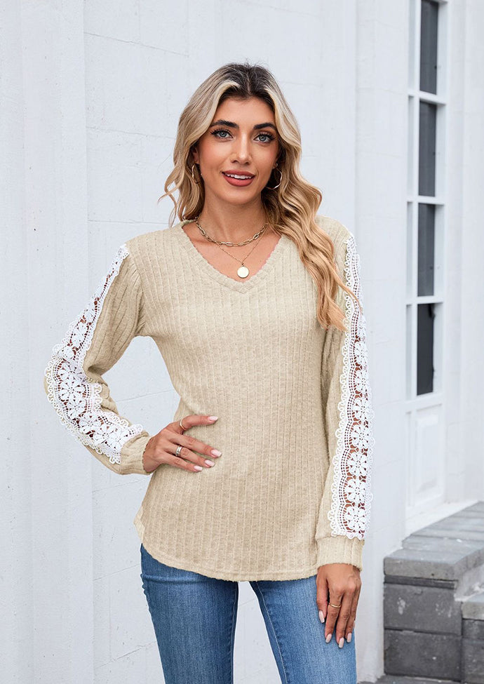 Lace Inset V Neck Long Sleeve T-shirt