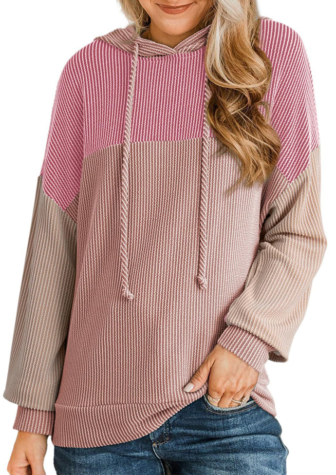 Tie Detail Textured Color Block Casual Hoodie