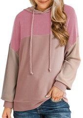 Tie Detail Textured Color Block Casual Hoodie