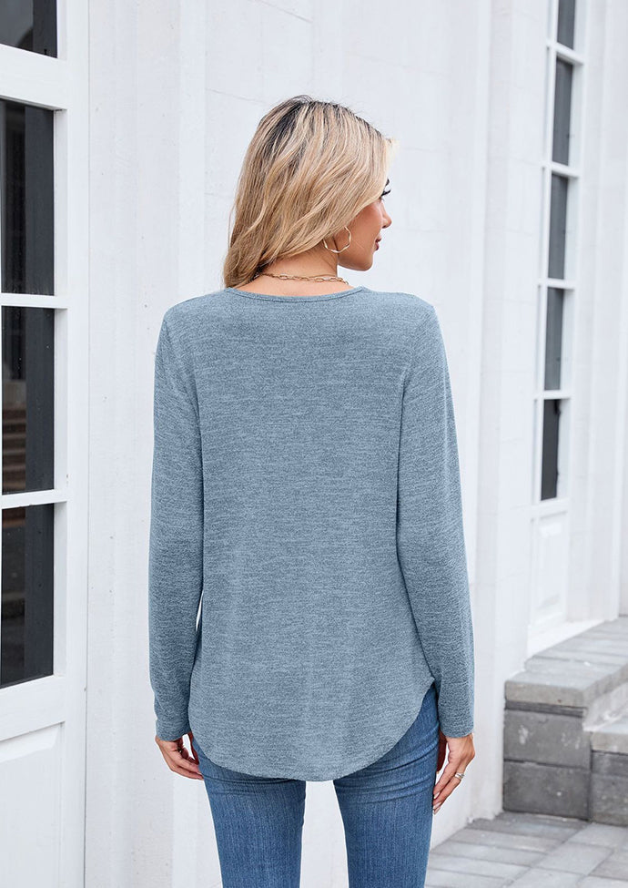 V-neck Pleated Solid Long Sleeve T-shirt