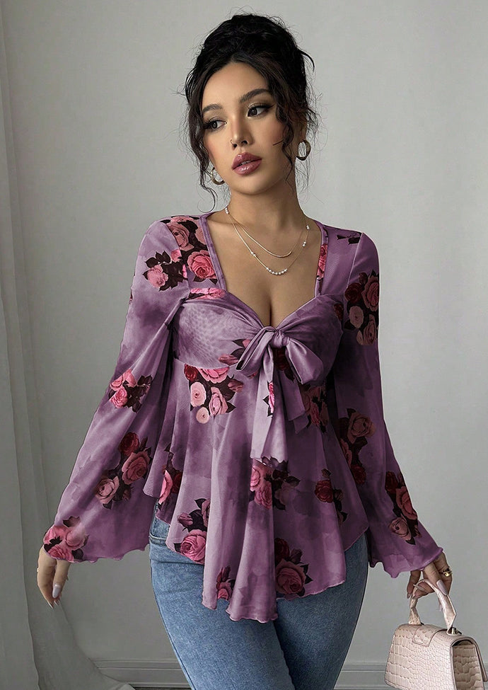 Floral Print Tie Bow Long Sleeve Top