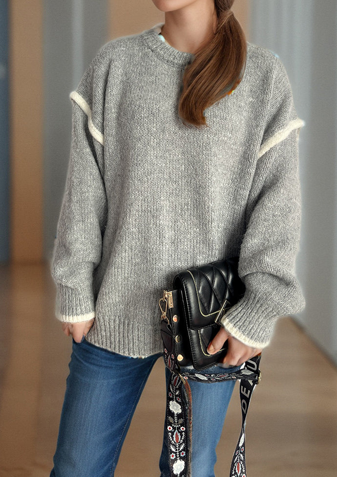 Crew Neck Patchwork Knitted Pullover