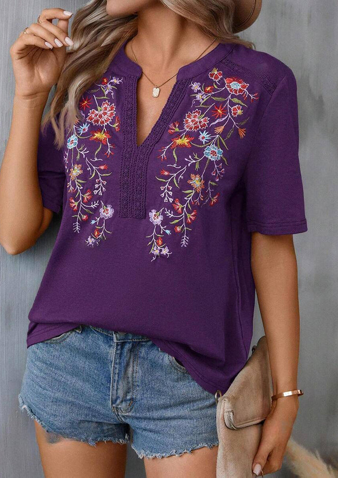 Embroidery Lace Inset V Neck T-shirt