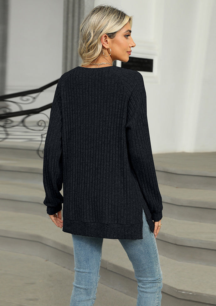 Raglan Sleeve Button Detail Side Split Tunic