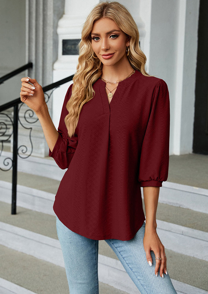Jacquard Half Sleeve V Neck Casual Blouse