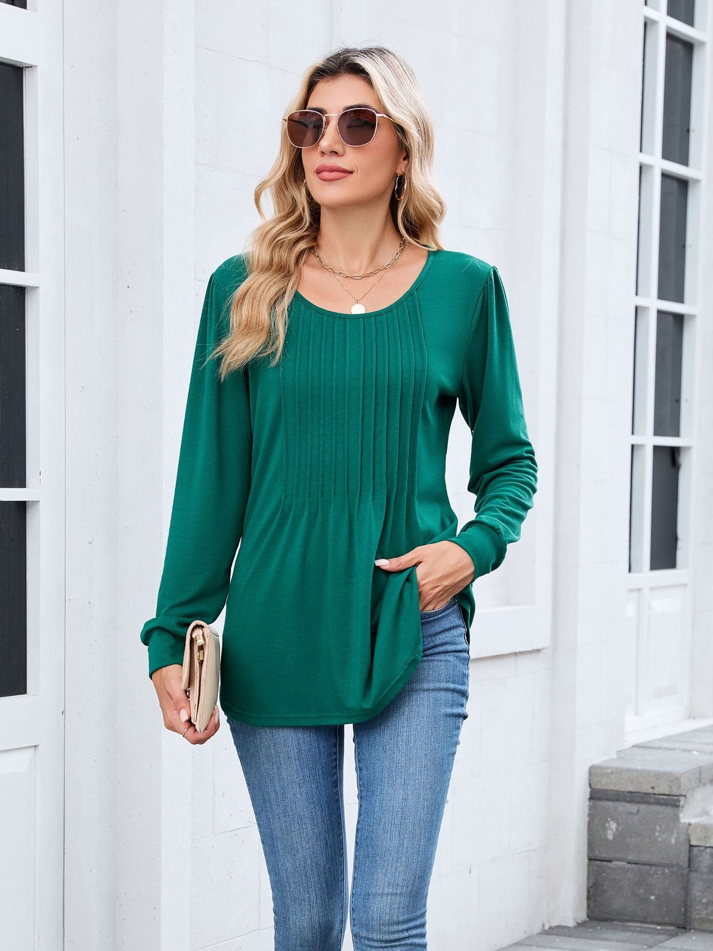 Pleated Crew Neck Long Sleeve Tunic