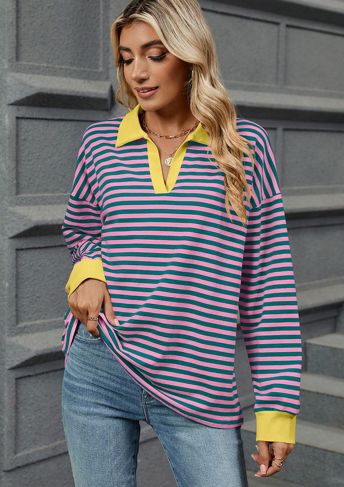 Stripe Color Block V Neck Casual Top