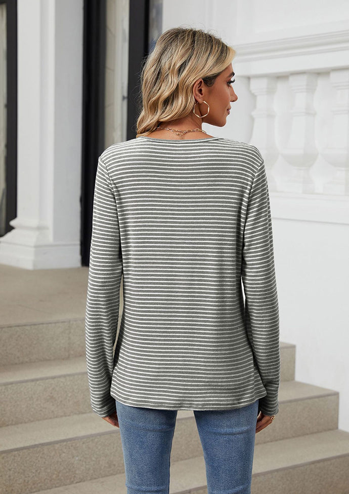 Button Up Striped Long Sleeve T-shirt