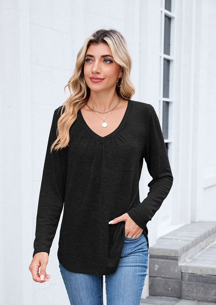 V-neck Pleated Solid Long Sleeve T-shirt