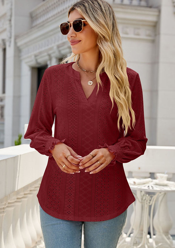 Jacquard V Neck Smocked Cuff Blouse