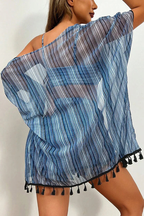 Striped Tassel Kimono Bikini & Shorts 4-Piece Set - Swimwear from Cindelily