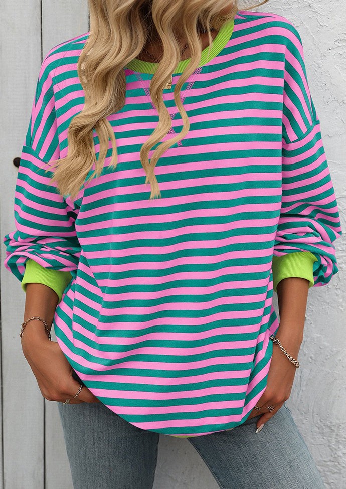 Striped Crew Neck Color Block Casual Sweatshirt