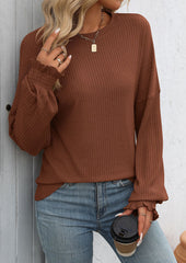 Textured Smocked Cuff Crew Neck Casual T-shirt