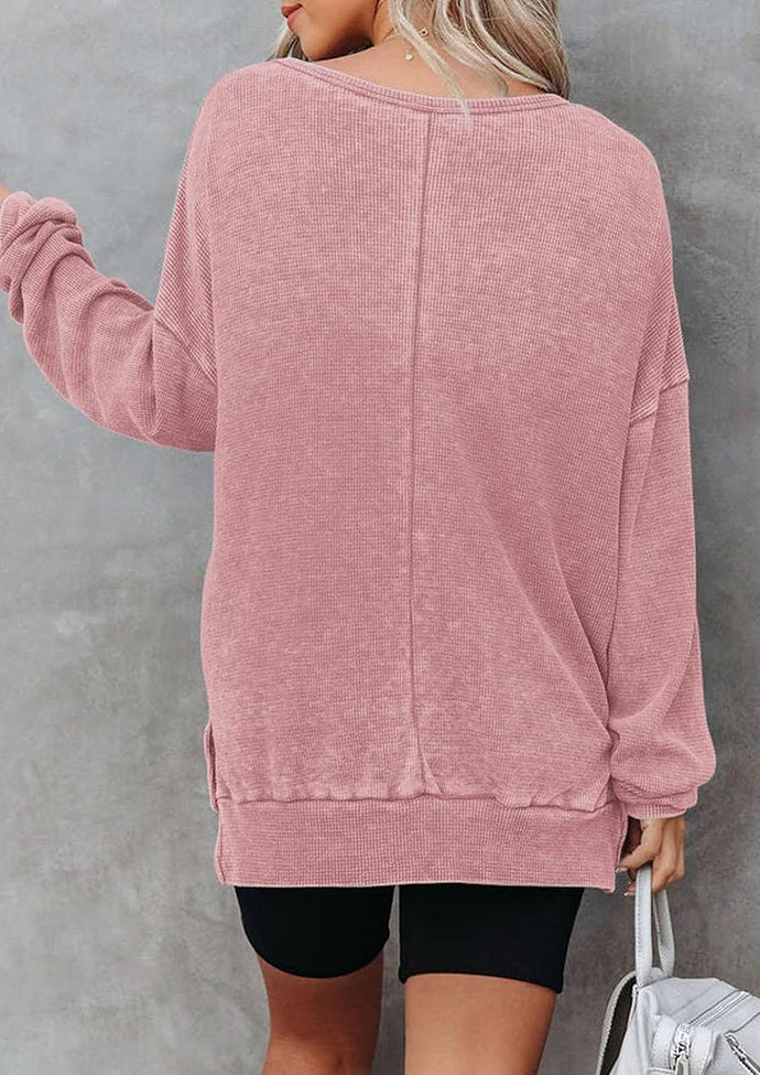 Crew Neck Side Split Waffle Sweatshirt