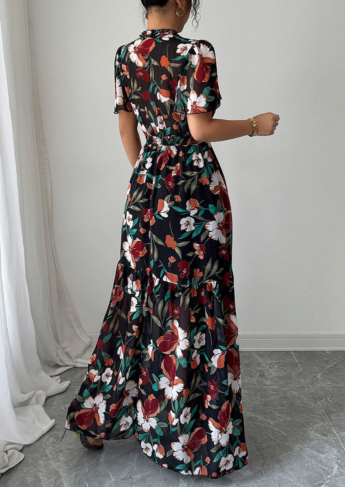 Ruffled Floral Print Smocked Maxi Dress