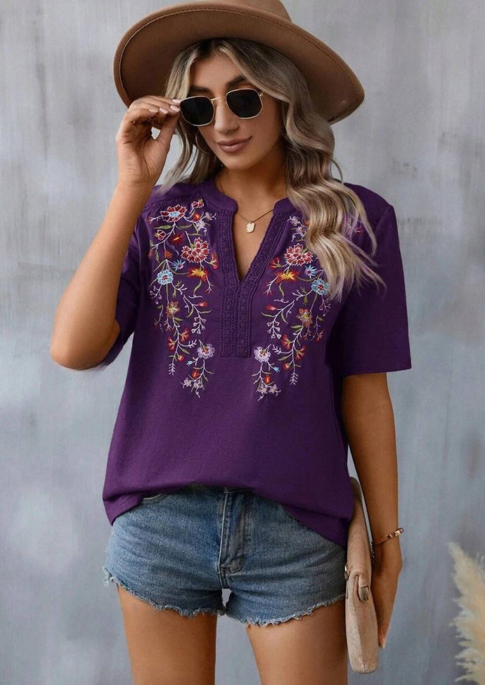 Embroidery Lace Inset V Neck T-shirt
