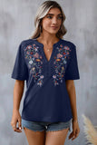 Embroidery Lace Inset V Neck T-shirt Navy blue - T-Shirts & Tunics from Cindelily