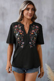 Embroidery Lace Inset V Neck T-shirt Black - T-Shirts & Tunics from Cindelily
