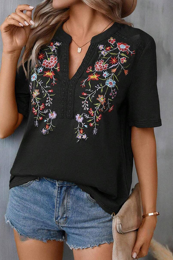 Embroidery Lace Inset V Neck T-shirt - T-Shirts & Tunics from Cindelily
