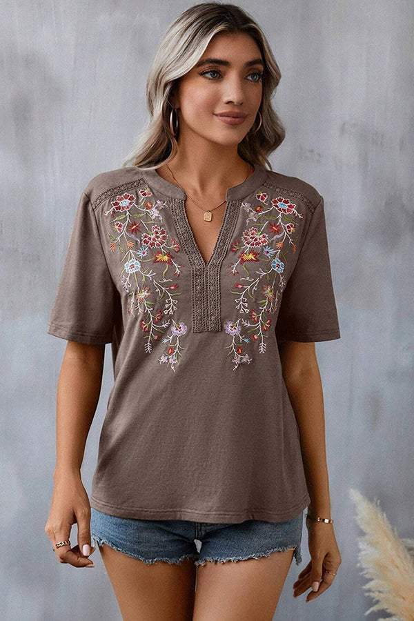 Embroidery Lace Inset V Neck T-shirt Coffee - T-Shirts & Tunics from Cindelily