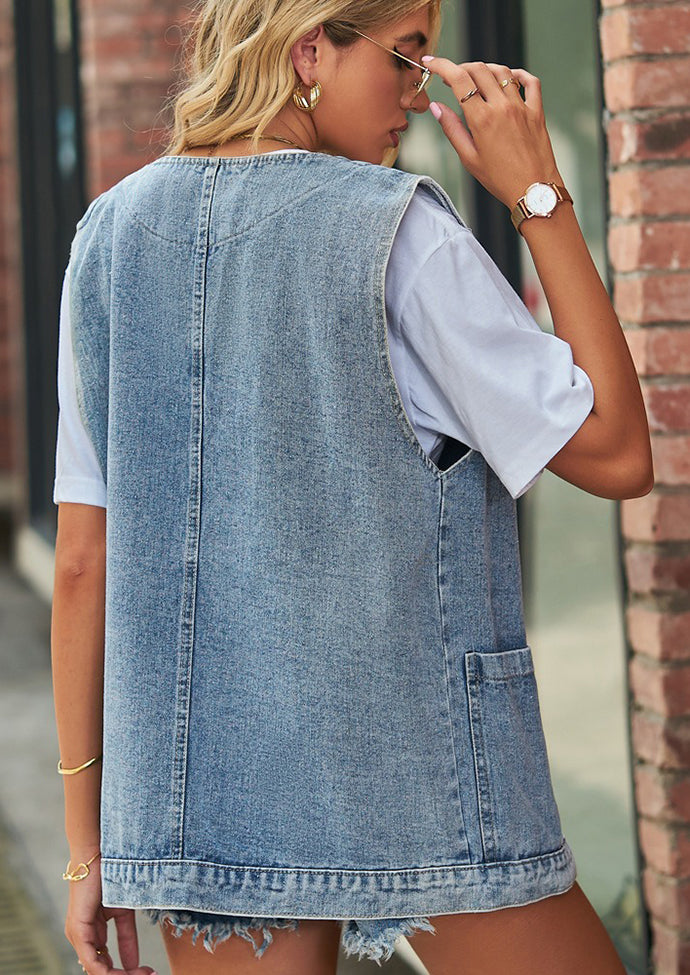V Neck Button Up Denim Vest with Pockets