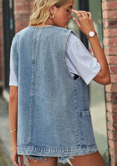 V Neck Button Up Denim Vest with Pockets