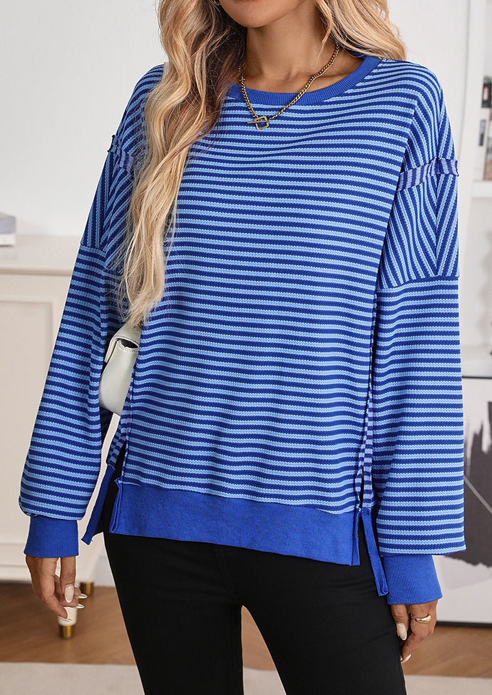Side Split Striped Crew Neck Sweatshirt