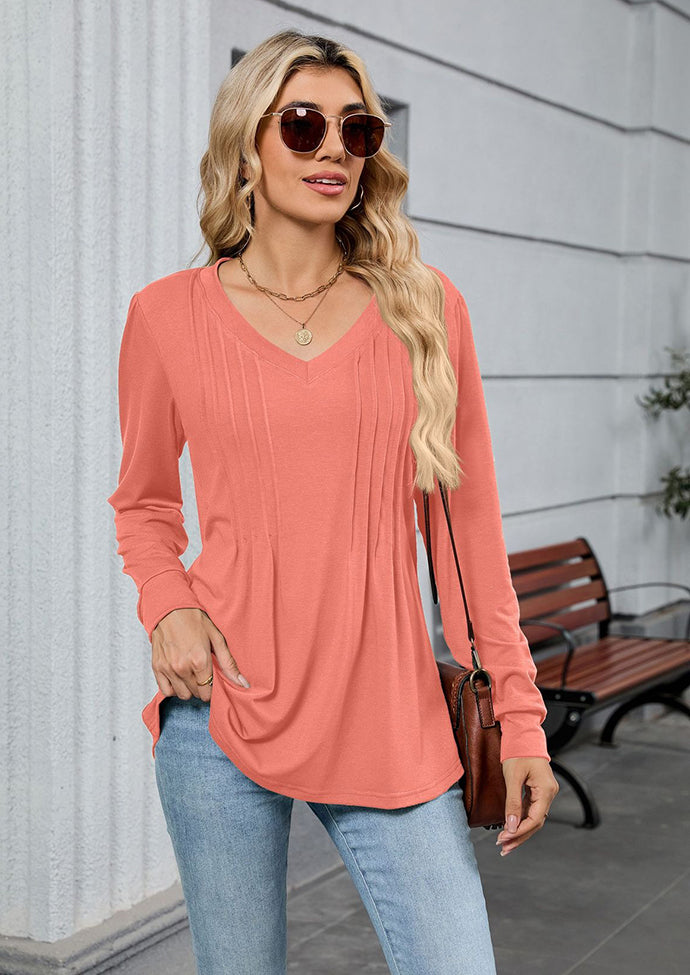 V Neck Pleated Long Sleeve Casual Tunic