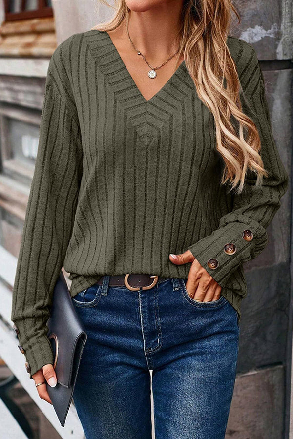 V Neck Button Detail Textued Casual T-shirt Olive green - T-Shirts & Tunics from Cindelily