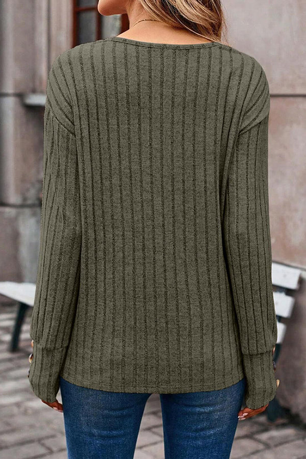 V Neck Button Detail Textued Casual T-shirt - T-Shirts & Tunics from Cindelily