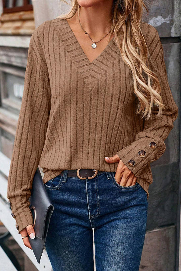 V Neck Button Detail Textued Casual T-shirt Khaki - T-Shirts & Tunics from Cindelily