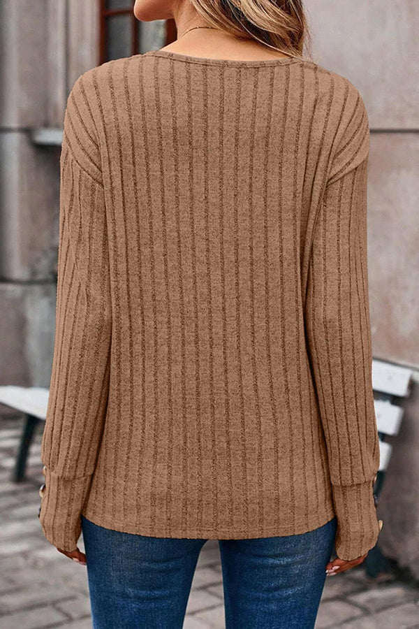 V Neck Button Detail Textued Casual T-shirt - T-Shirts & Tunics from Cindelily