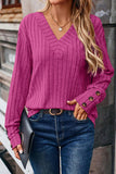 V Neck Button Detail Textued Casual T-shirt Hot pink - T-Shirts & Tunics from Cindelily