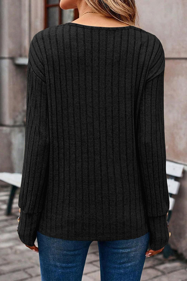 V Neck Button Detail Textued Casual T-shirt - T-Shirts & Tunics from Cindelily