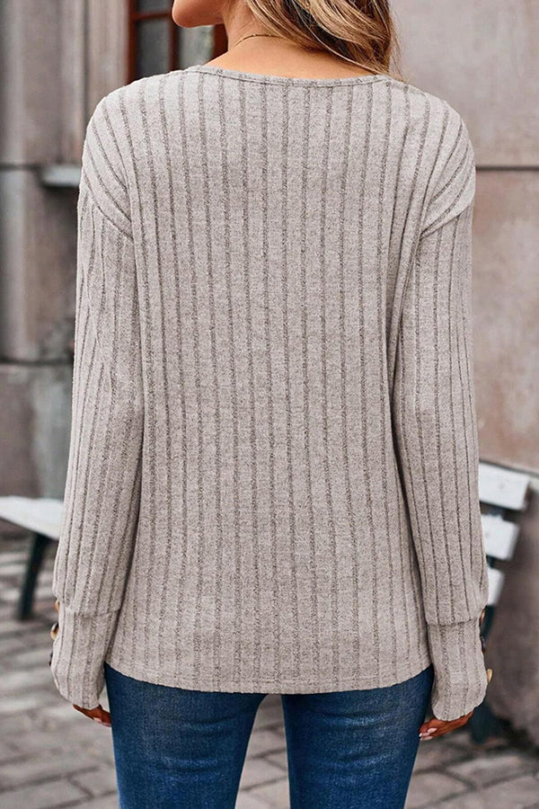 V Neck Button Detail Textued Casual T-shirt - T-Shirts & Tunics from Cindelily