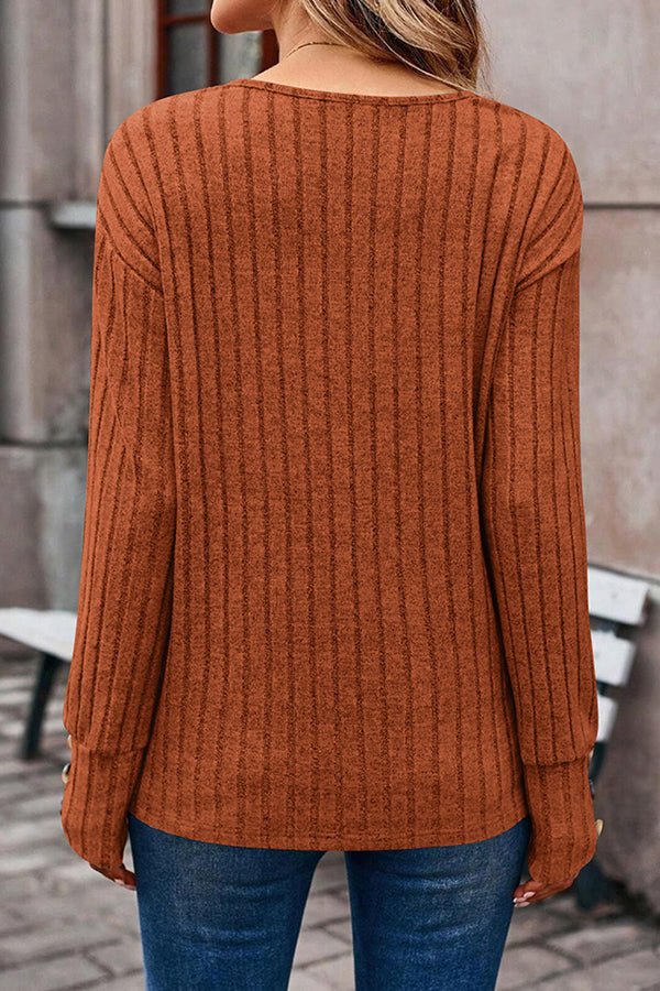 V Neck Button Detail Textued Casual T-shirt - T-Shirts & Tunics from Cindelily