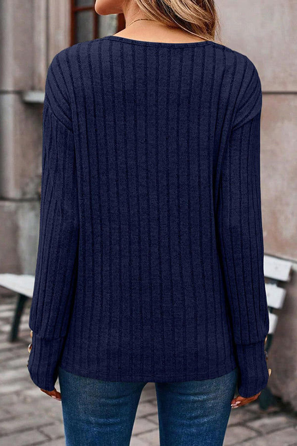 V Neck Button Detail Textued Casual T-shirt - T-Shirts & Tunics from Cindelily