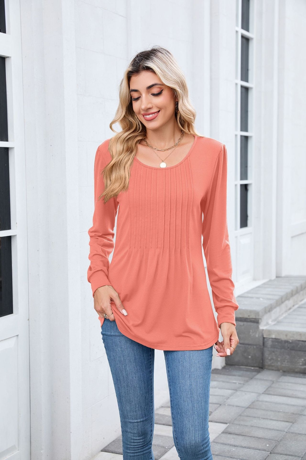 Pleated Crew Neck Long Sleeve Tunic