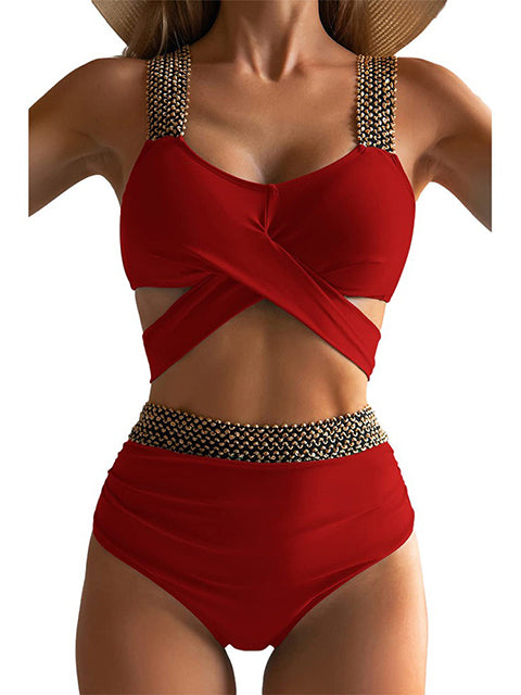 Solid Patchwork Crossed Bikini Sets