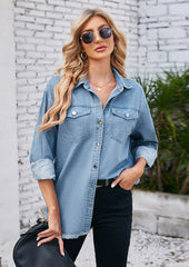 Washed Raw Hem Button Up Denim Shirt