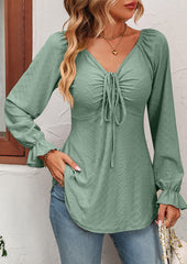 Jacquard Ruched V Neck Long Sleeve Blouse