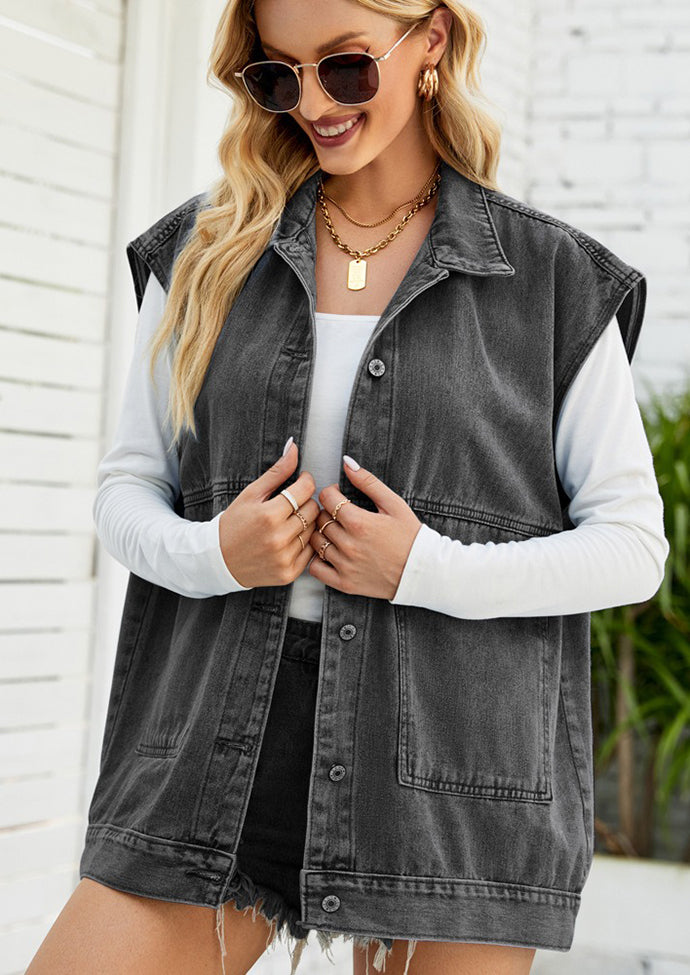Button Up Denim Vest with Pockets