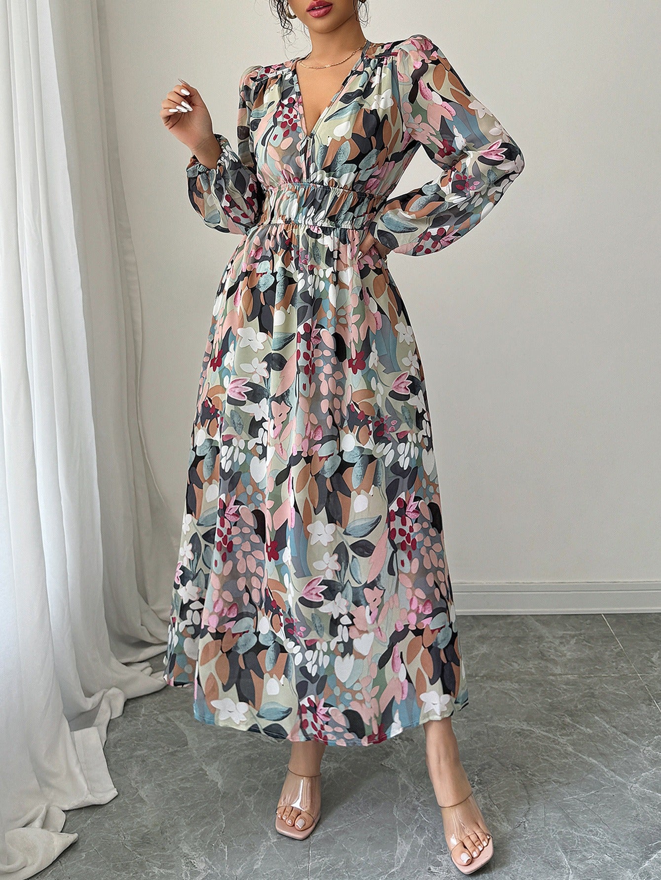 Floral Print Smock Neck Wrap Maxi Dress