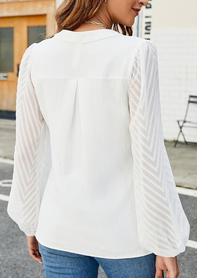 V Neck Lace Sleeve Patchwork Chiffon Blouse