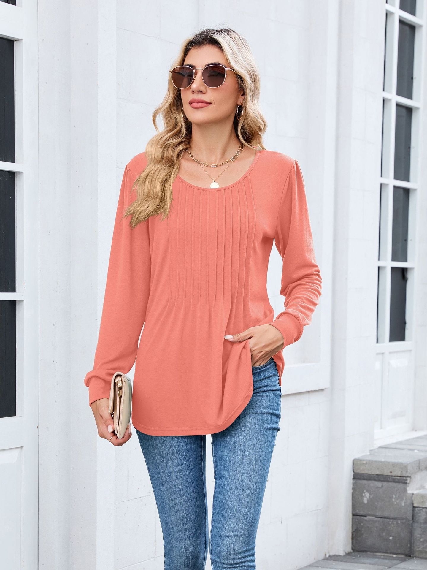 Pleated Crew Neck Long Sleeve Tunic