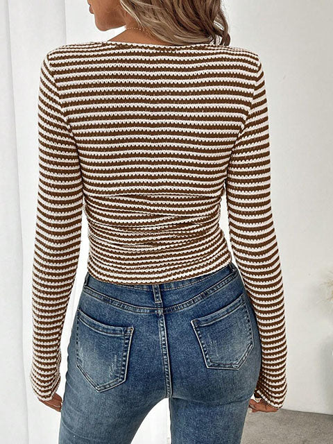 Striped Long Sleeve U Neck T-shirt