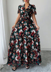 Ruffled Floral Print Smocked Maxi Dress