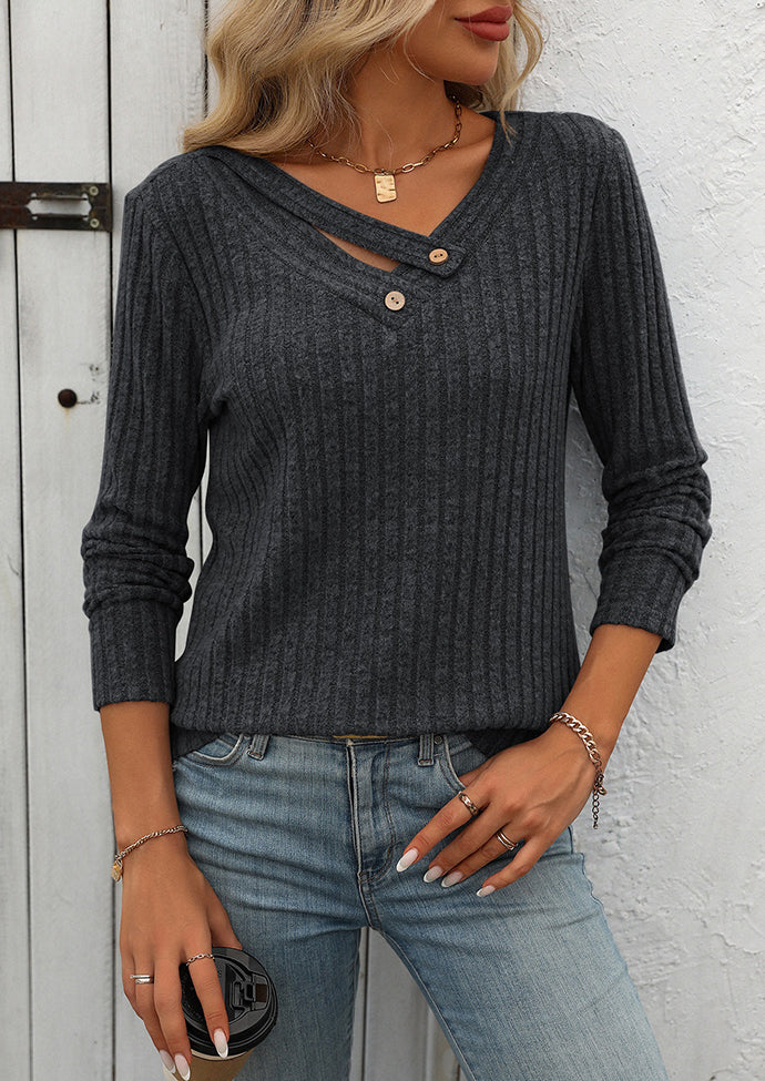 V Neck Textured Button Detail Casual T-shirt