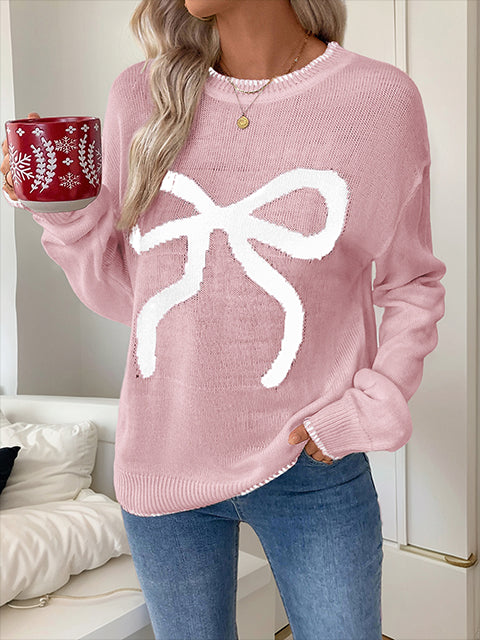 Crew Neck  Bow Jacquard Casual Sweater
